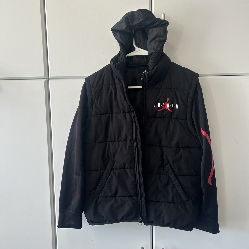 Nike Jordan Therma-Fit Youth Large Black Puffer Hooded Jacket Hybrid Jumpman L